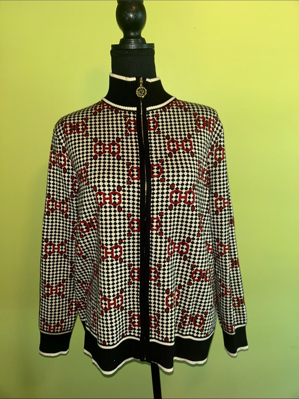 Anne Klein Black & White Geometric Knit Zip-Front Jacket with Red Accents OSU